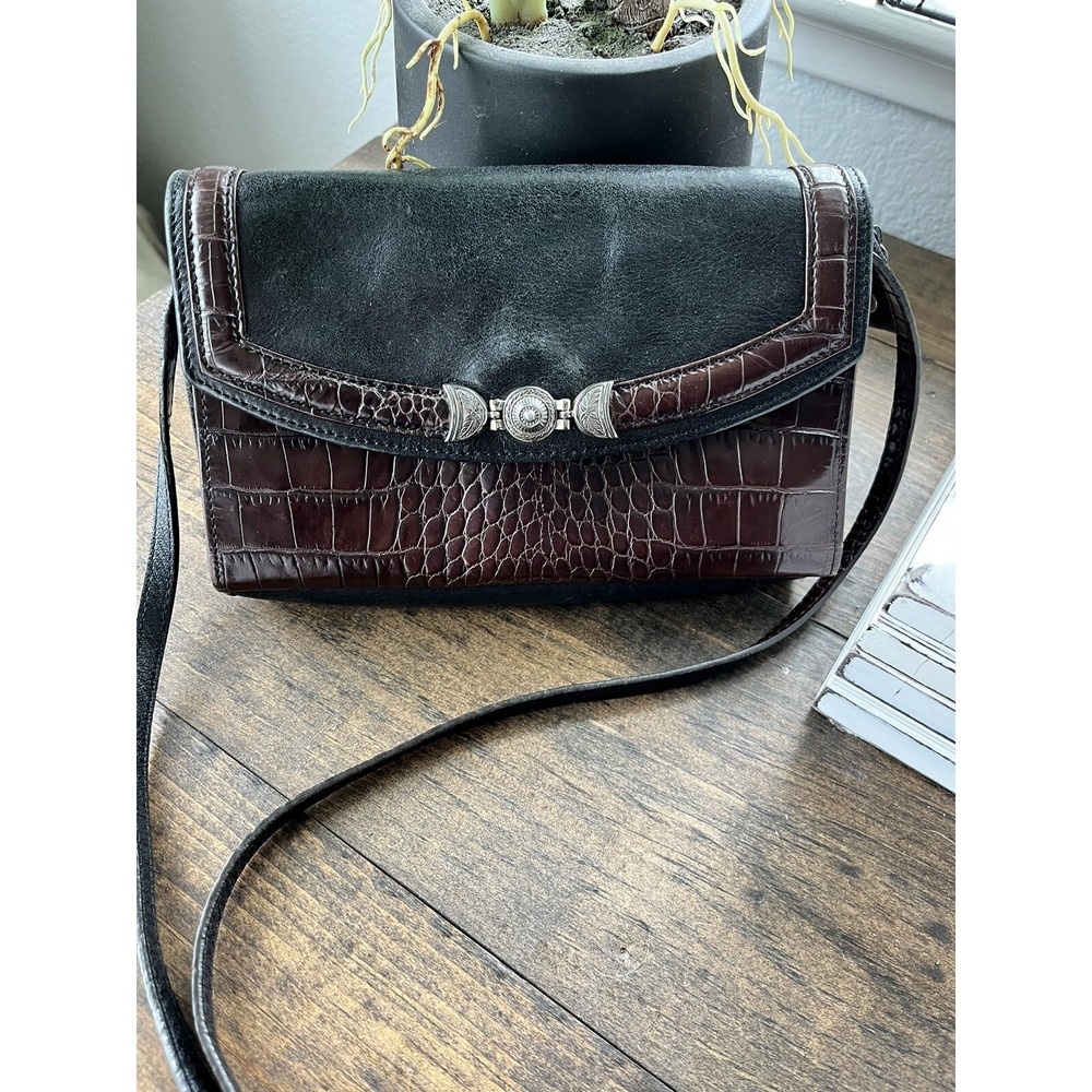 Brighton  Vintage Crossbody Organizer Leather/Croc Embossed Clutch Brown Small